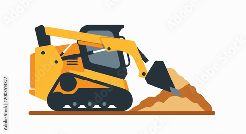 Yellow skid steer loader digging in sand isolated on white background