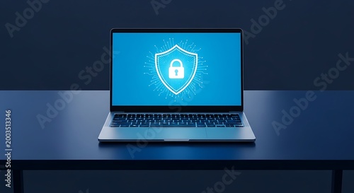 Laptop displaying a security shield with a lock icon