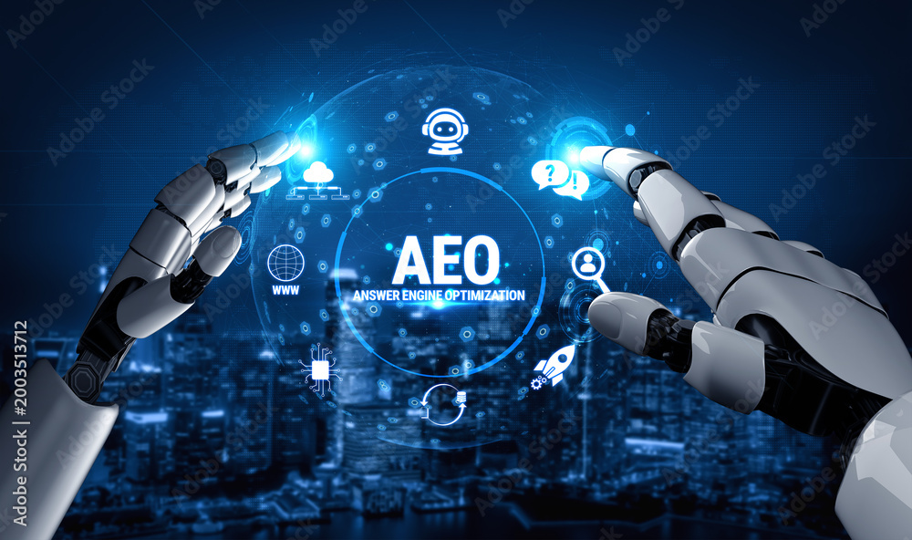 Naklejka premium Futuristic Hands Interacting with AEO Answer Engine Optimization Concept Against a Dark City Background with Technological Icons and Graphics Fluxor.