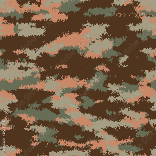 Digital Autumn Camouflage Vector, Seamless Pixelated Camo Pattern, Tactical Rust and Brown Pixel Background, High-Tech Hunting Texture