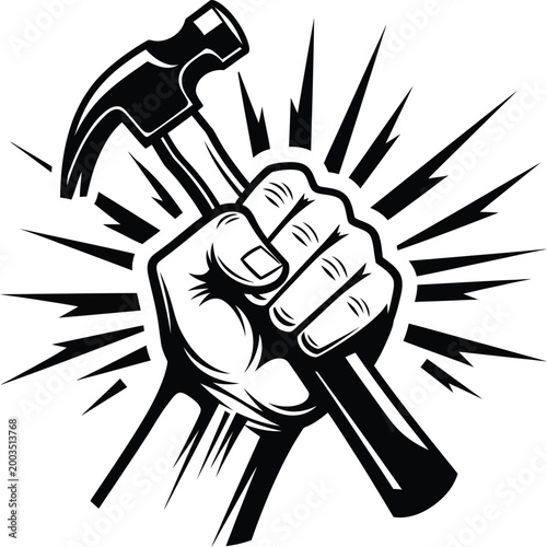 Black and white illustration of a fist holding a hammer with motion lines