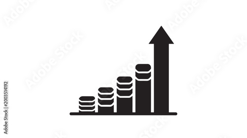 Black bar chart with coins stacked upwards and an upward arrow on white background for finance and growth concepts