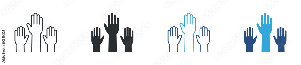 Obraz premium Raised hands icon set. multiple hands up. voting and participation concept. vector illustration.