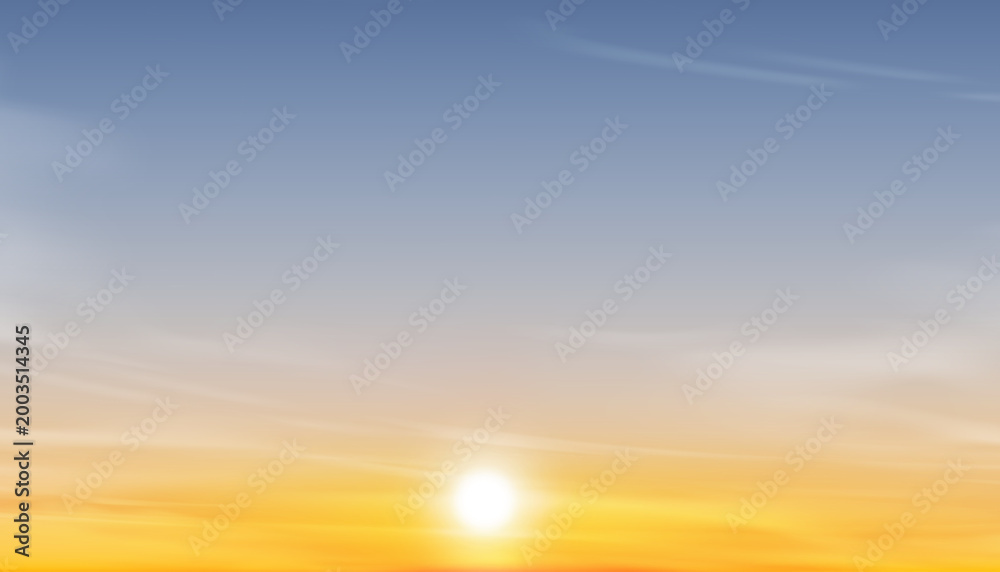 Fototapeta premium Sunset sky in winter background.Panoramic illustration realistic sunrise sky,clouds over sea beach for summer banner.Vector cartoon Nature spring landscape, soft gradient light for web banner design 