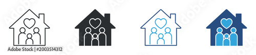 Family home icon set. house with people and heart. care and togetherness concept. vector illustration.