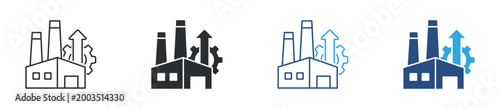 Factory production icon set. industrial plant with gear and arrow. manufacturing growth concept. vector illustration.