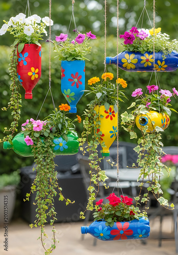 Hanging diy recycled plastic bottle planters with colorful floral paintings in garden.