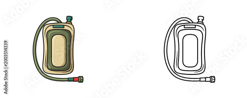 Hydration bladder illustrations in cartoon flat color and line art styles featuring a tactical water reservoir with drinking tube for hikers on white background