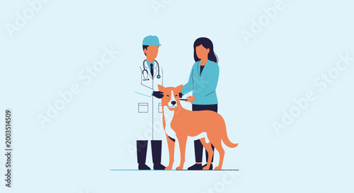 Dog examination with veterinarian and owner in flat illustration style