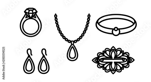 Elegant jewelry icons diamond ring necklace bracelet earrings and brooch
