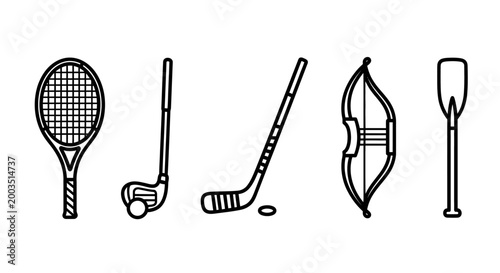 Sporting equipment collection with tennis racket golf club hockey stick and bow