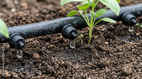 Emerging green sprouts in sunny nursery bed with efficient watering infrastructure