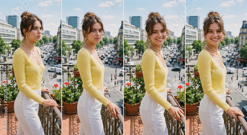 young woman standing on her balcony in the city