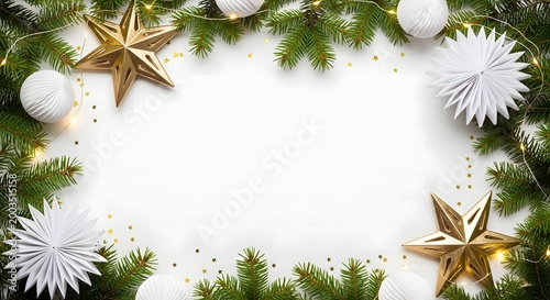 Christmas Greenery Border with Gold Stars and White Ornaments