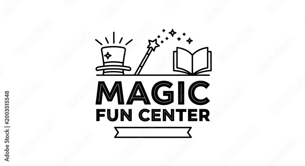 Obraz premium Black and white magic theme logo featuring a hat wand and open book