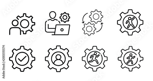 Human resources line icons set gear workflow management business process automation employee efficiency productivity & more vector illustration with editable stroke.