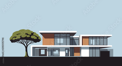 Modern house illustration with tree and sky background architecture concept