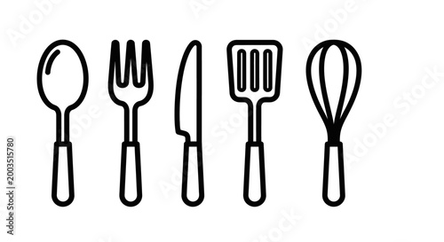 Outlined kitchen utensils spoon fork knife spatula and whisk isolated