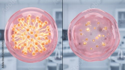 Two egg cell showing healthy golden mitochondria network versus aged depleted biology fertility