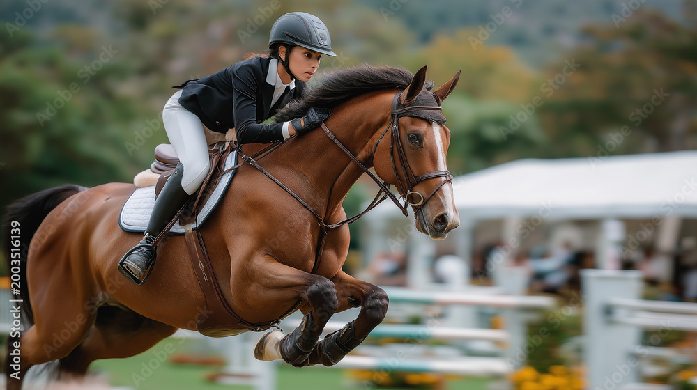 Obraz premium Rider jumps horse over obstacle in competition at an outdoor equestrian event in a park setting