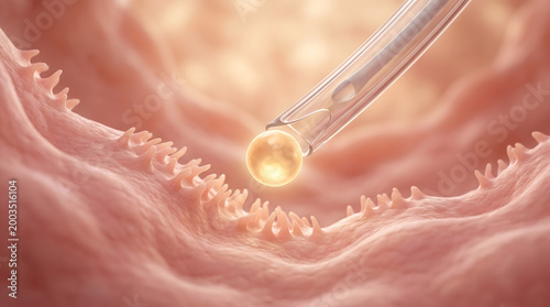 Medical catheter delivering egg cell into uterine cavity during IVF embryo transfer procedure