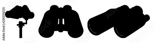 Binoculars set with black silhouette against white background featuring binoculars, line art, outline, optics with device and magnification