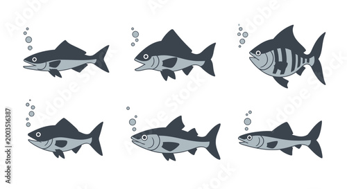 Cartoon fish illustrations in various poses with air bubbles on white background
