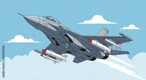 Modern jet fighter aircraft flying in sky with clouds illustration