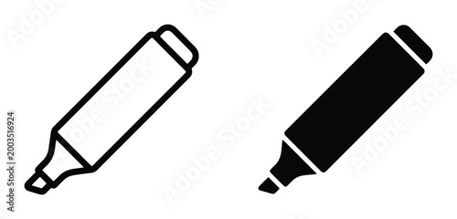 Minimalist highlighter pen vector icons, black outline and solid felt tip marker symbols, office stationery and school supply graphics