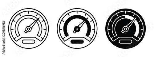 Minimalist speedometer icon set, black and white dashboard gauge vector, automotive performance meter symbols for web and app interface design