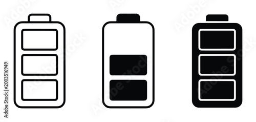 Minimalist battery charge level icons, black and white power status indicators, set of 3 vector symbols for mobile interface and energy monitoring