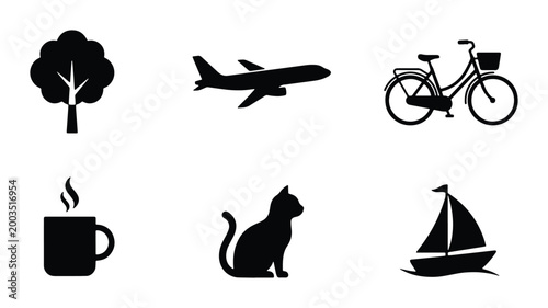 Minimalist black silhouette icons set, collection of 6 universal vector symbols, simple flat graphic elements for web and app design