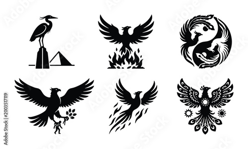 Mythical phoenix bird silhouettes set, black eagle and heron icons, 6 vector elements for logo design, ancient egyptian and fantasy bird symbols