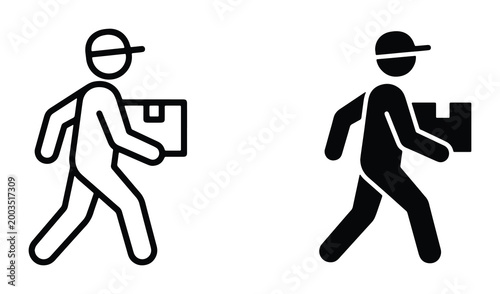 Delivery man icon set, courier carrying cardboard box package vector, shipping service worker silhouette and line art illustrations