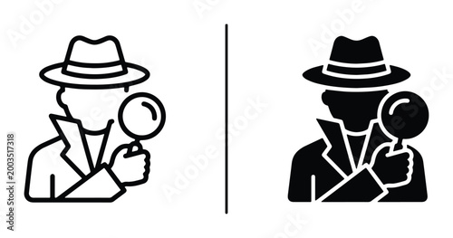 Detective icon set with magnifying glass, private investigator vector illustrations, mysterious spy in fedora hat and trench coat, noir style icons