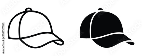 Minimalist baseball cap vector icons, black and white headwear silhouettes, sports hat line art set, casual apparel branding elements
