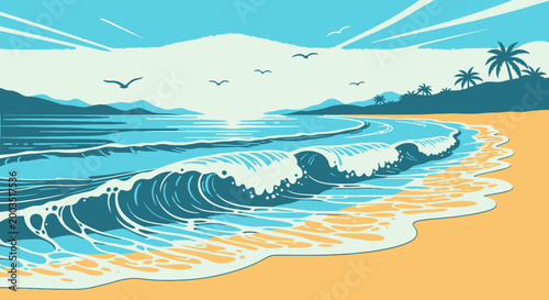 Coastal beach scene illustration with ocean waves palm trees and clear sky