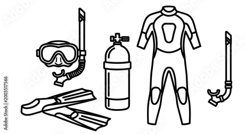 Diving equipment illustration mask snorkel fins tank and wetsuit