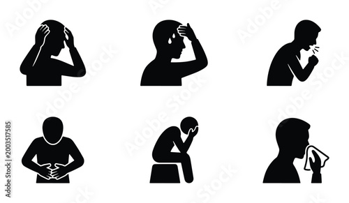 Foto Sickness and disease symptoms icon set, black silhouette person suffering from h