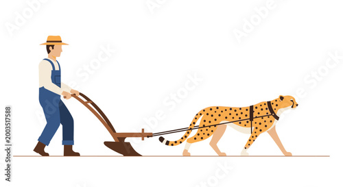Farmer plowing field with cheetah vector illustration on white background