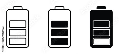 Minimalist battery charge level icons, black and white power status symbols, energy indicator vector set for mobile interface and web design