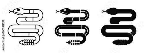 Rattlesnake icon set in minimalist black and white, coiled snake vector illustrations, three variations of serpent line art and silhouette graphics