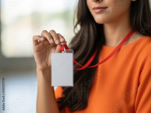 Person holding white name tag on red lanyard