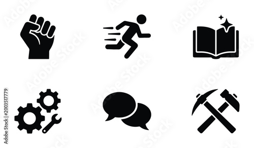 Minimalist black glyph icons set, 6 flat vector symbols for business and industry, solid silhouette icons of fist running man book and tools