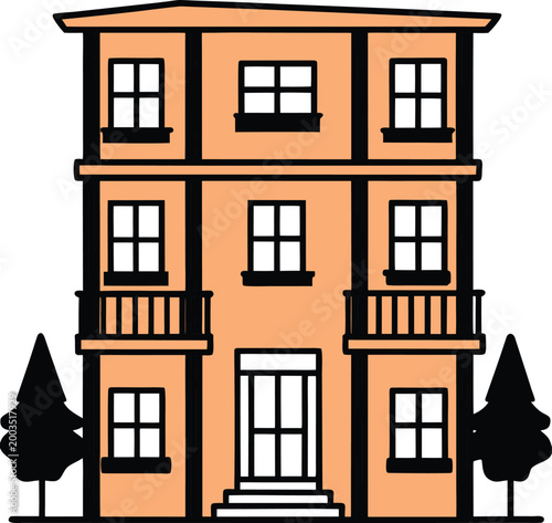 Three-Story Peach Apartment Building with Balconies and Stylized Trees Illustration