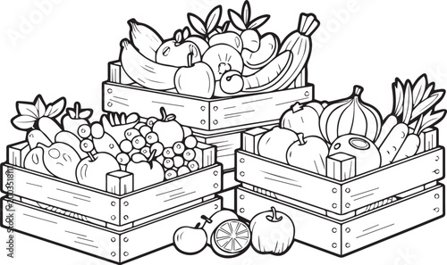 hand drawn wooden crates filled with fresh autumn harvest vegetables and flowers illustration