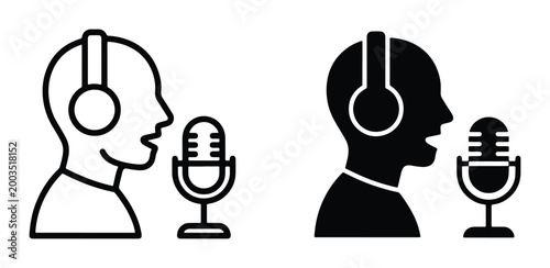 Podcast host icon set with microphone and headphones, radio broadcaster silhouette and line art, voice recording and streaming vector graphics