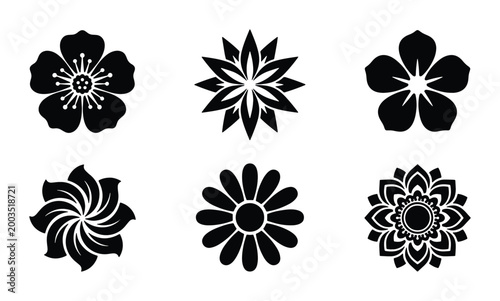 Minimalist black flower icons set, floral vector silhouettes, 6 decorative blossom symbols for logo design and branding, simple botanical elements