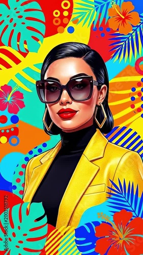 Elegant woman portrait with sunglasses on vibrant tropical abstract background. Concept of fashion, beauty, luxury, lifestyle, creativity. Vertical video