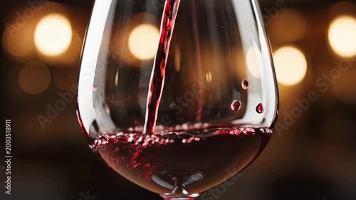 Red wine being poured into glass with soft light and blurred background. Concept of beverage, luxury, celebration, lifestyle, elegance.